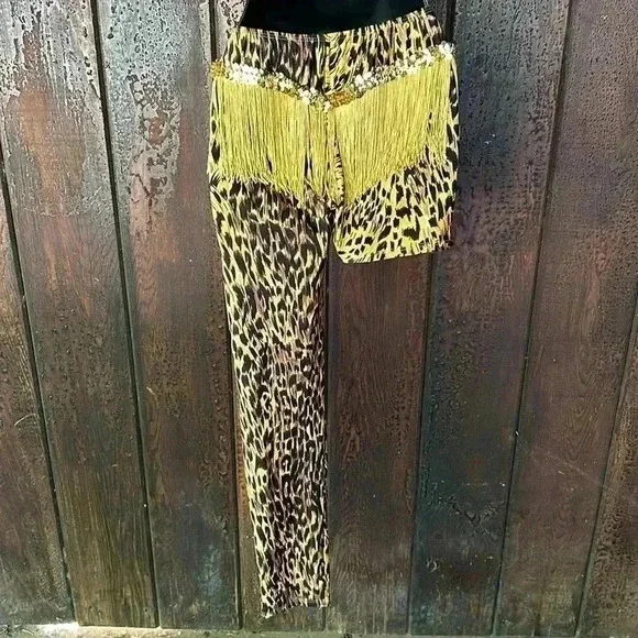Vintage One Leg Leopard Cheetah Animal Print Leggings Fringe Sequins 80s 90s - Picture 5 of 7